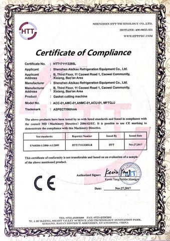 CE certificate of gasket cutting machine certificate of Dongguan Aisikao New Material Co., Ltd. – certificate photo, supplier certificates section