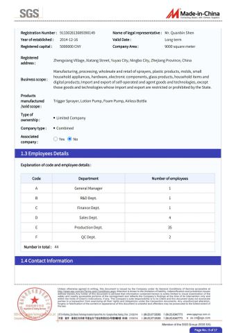 SGS certificate of Yuyao Jingdu Sprayer Co., Ltd – certificate photo, supplier certificates section
