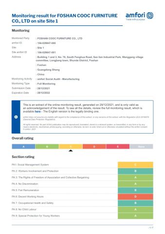 BSCI Certification certificate of Foshan COOC International Co., Ltd. – certificate photo, supplier certificates section