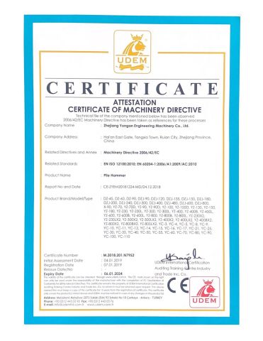 CE certificate of machinery directive certificate from Zhejiang Yongan Construction Machinery Co., Ltd