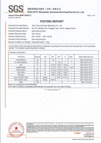 sgs-pine wood biochar certificate from Wuxi Powermax Renewable Energy Technology Co., Ltd