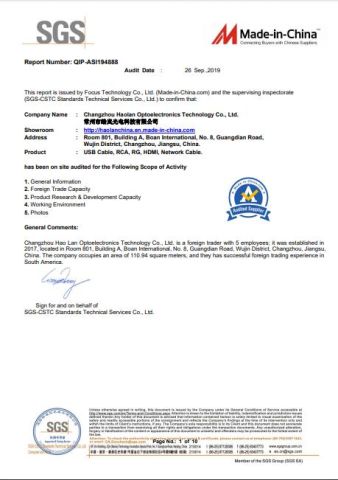 SGS certificate from Changzhou Hao Lan Import & Export Trading Co., LTD.