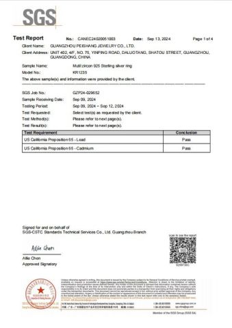 US California Proposition 65 certificate from Guangzhou Peishang Jewelry Co., Ltd.