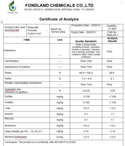 COA-CITRIC ACID certificate of FONDLAND CHEMICALS CO., LTD. – certificate photo, supplier certificates section