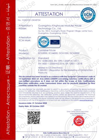 CE certificate of Guangzhou Kinghouse Modular house Technology Co. Ltd. – certificate photo, supplier certificates section