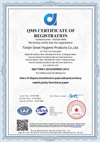 ISO 9001 certificate from Tianjin Great Hygiene Products Co.,Ltd.