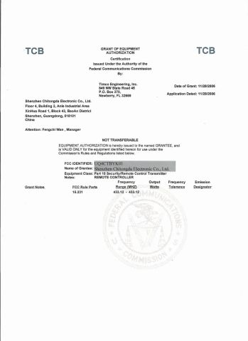 FCC Certificate certificate from Shenzhen Chitongda Electronic Co., Ltd.