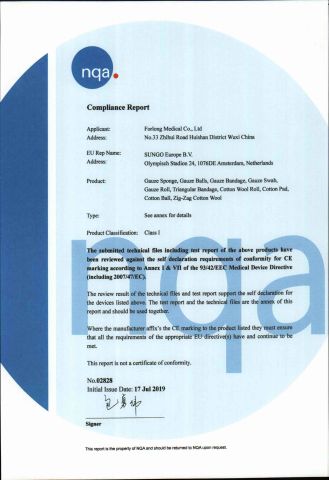 CE certificate for Medical cotton & Gauze certificate of FORLONG MEDICAL CO., LTD. – certificate photo, supplier certificates section
