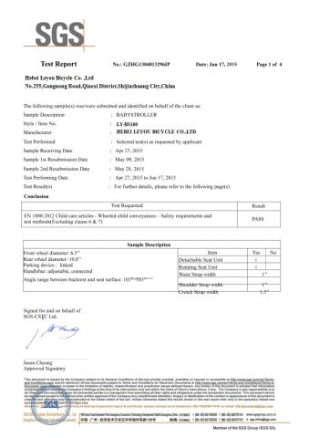CE certificate for baby stroller certificate from Hebei Leyou Bicycle Co., Ltd.