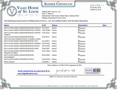 Kosher Certificate-DRY FRUITS certificate from Weifang Alice Food Co., Ltd.