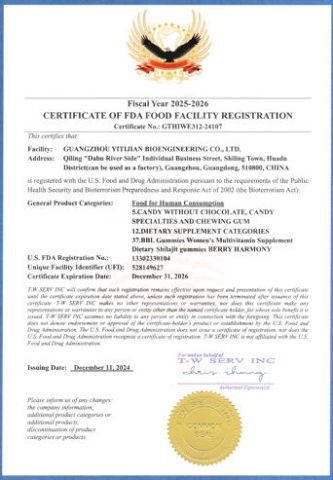 FDA certificate from Zhuo Shang Biotechnology Co. Ltd,