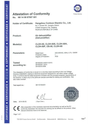 CE-TUV certificate of dehumidifier certificate from Hangzhou Conloon Electric Co., Ltd.