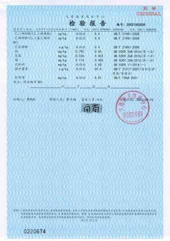 Frozen mussel meat-Heavy metal test report certificate from Dacheng International Trade Co., Ltd.
