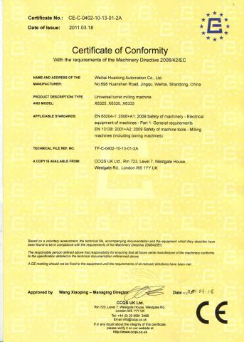 milling machine CE certificate from Weihai Huadong Automation Co., Ltd