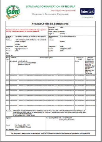 SONCAP certificate from NINGBO ZHONGRUI IMPORT & EXPORT CO., LTD.