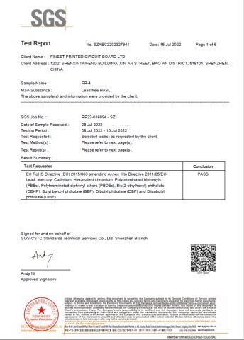 FR4  Lead-free RoHS test report certificate from Finest Printed Circuit Board Ltd.