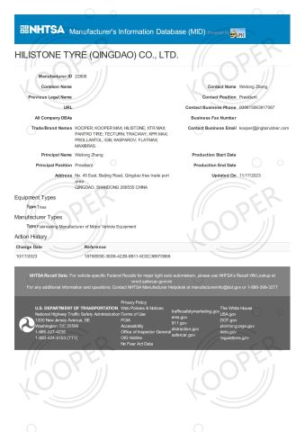 DOT certificate from HILISTONE TYRE (QINGDAO) CO., LTD