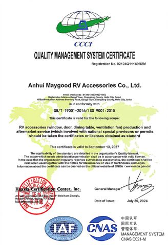 ISO9001 Quality Management Certificate certificate from Anhui Maygood RV Accessories Co., Ltd.