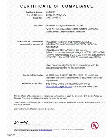 UL certificate from Shenzhen Jiajiayuan Electronic Co., Ltd.