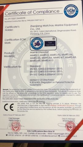CE Certificate for Marine Life Jacket certificate from Zhenjiang Matchau Marine Equipment Co., Ltd.