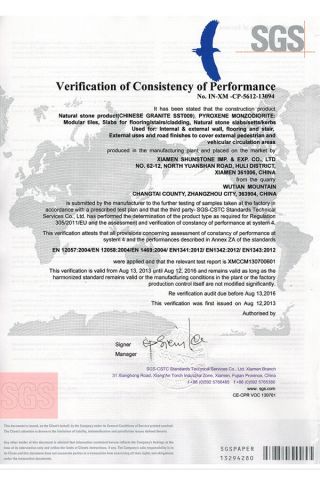 CE certificate from XIAMEN SHUNSTONE HOMEWARE CO., LTD.