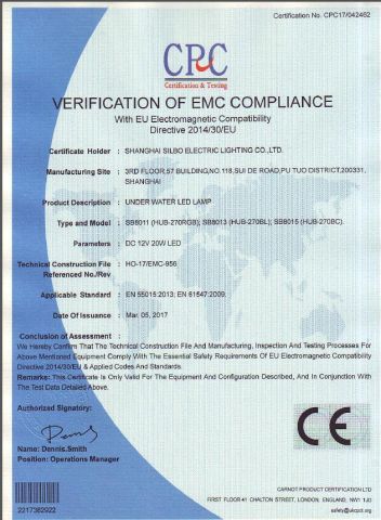 Certification certificate from Shanghai Silbo Electric Lighting Co., Ltd.