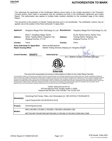 ETL certificate from Hangzhou Maygo Pool Technology Co., Ltd.