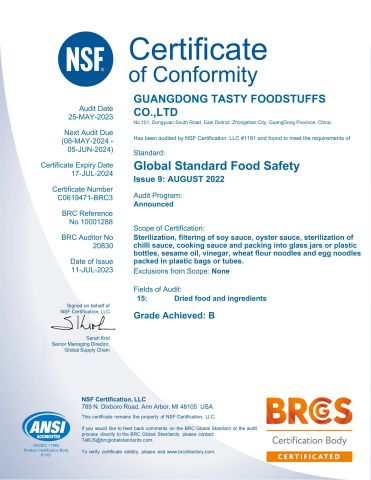 BRC certificate from Guangdong Tasty Foodstuffs Co., Ltd.