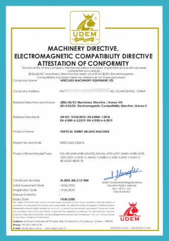 MACHINERY DIRECTIVE,ELECTROMAGNETIC COMPATIBILITY DIRECTIVE ATTESTATION OF CONFORMITY certificate from Hercules Machinery Equipment Ltd.