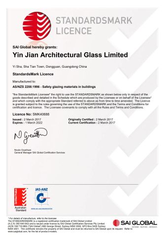 AS/NZS: 2208 certificate from Guangzhou Xiya Building Material Co., Ltd.