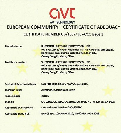CE certificate from Shen Zhen Hui Trade Industry Co., Ltd.