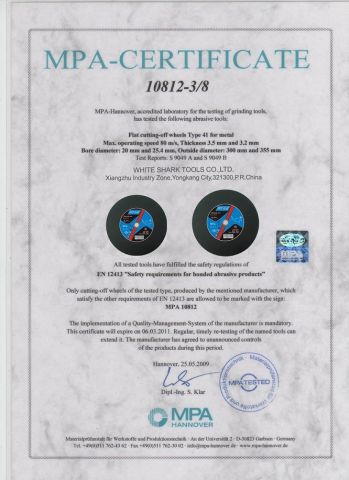 Cutting Disc MPA certificate from Yongkang Shark Abrasive Co., Ltd.