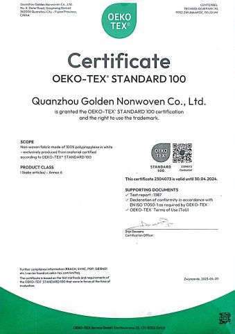 OEKO-TEX STANDARD 100 certificate from Quanzhou Golden Nonwoven Co., Ltd.