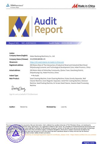 Product Inspection Report certificate from Hebei Maoheng Machinery Co., Ltd.