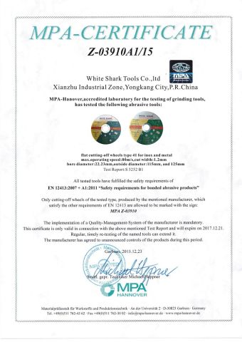Cut off wheel MPA certificate from Yongkang Shark Abrasive Co., Ltd.