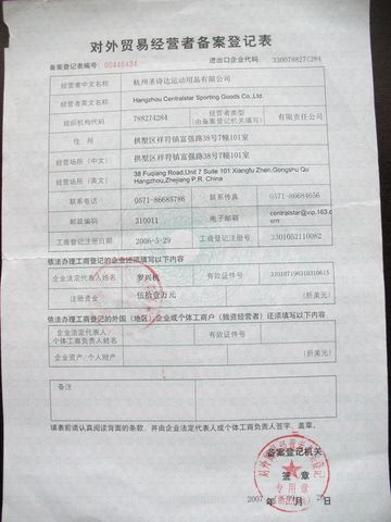 License Photo certificate from Hangzhou Centralstar Sporting Goods Co., Ltd.