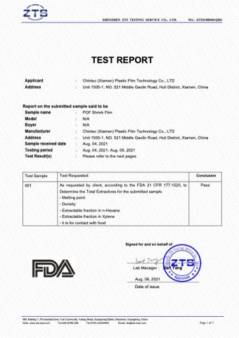 FDA of POF Shrink Film certificate from Chintec (Xiamen) Plastic Film Technology Co., Ltd.