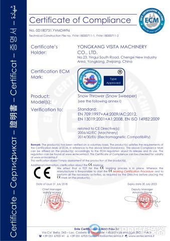 Certificates certificate from YONGKANG VST INDUSTRY AND TRADE CO., LTD.