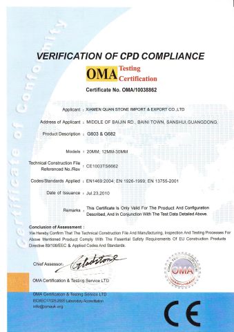 CE of natural stone certificate from Xiamen Quan Stone Imp. & Exp. Co., Ltd.