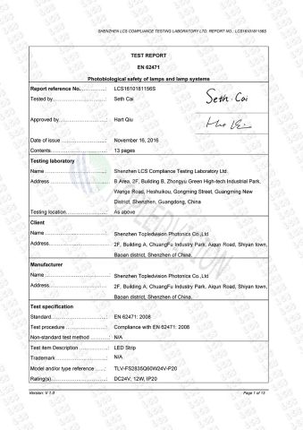IEC/EN62471 Biological safety 2835 Strip certificate of Shenzhen Topledvision Lighting Co., Ltd. – certificate photo, supplier certificates section