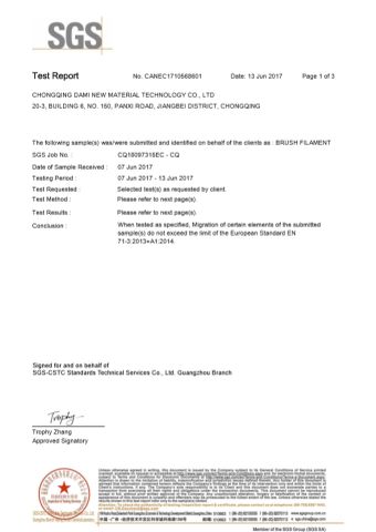 SGS certificate of brush filaments certificate from Chongqing Dami New Material Technology Co., Ltd.