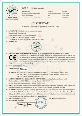 CE3 certificate from Nantong Cheli Tools Co., Ltd.