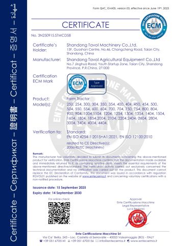 CE of Tractor certificate from Qingdao Tavol Machinery Co., Ltd.