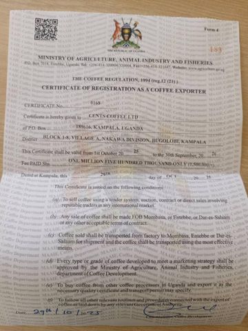 COFFEE EXPORT LICENCE certificate from CENTS COFFEE LTD