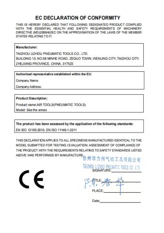 CE1 certificate from TAIZHOU LIZHOU PNEUMATIC TOOLS CO., LTD.