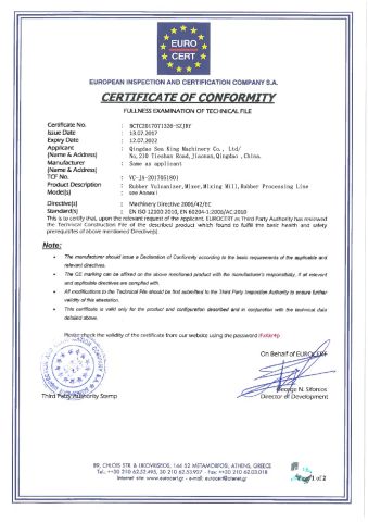 CE for RUBBER MACHINE certificate from Qingdao Sea King Machinery Co., Ltd.