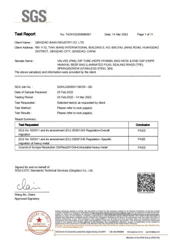 SGS test for beer kegs certificate from QINGDAO BAIXI INDUSTRY CO., LTD.
