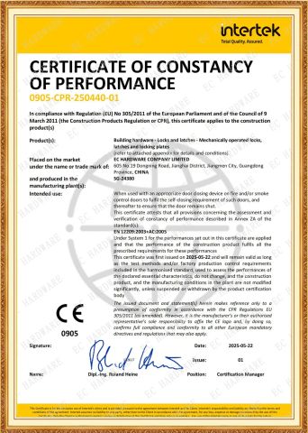 CE-mortise lock 0905-CPR-250440-01 certificate from EC Hardware Co., Ltd.