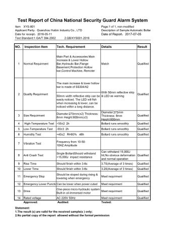 Test report for Bollard certificate from Quanzhou Hengheng Precision Machinery & Electronics Co., Ltd