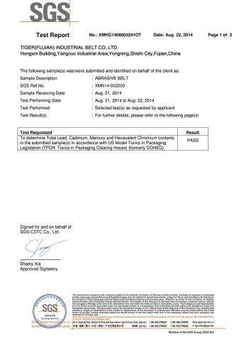 SGS certificate of abrasive belt certificate from TIGER(XIAMEN)X-M CO., LTD.